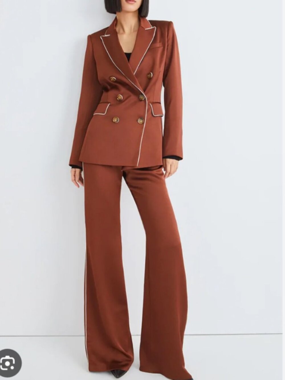 Veronica Beard Roche Satin Suit Set Cognac Double Breasted Blazer + Pants Size 6